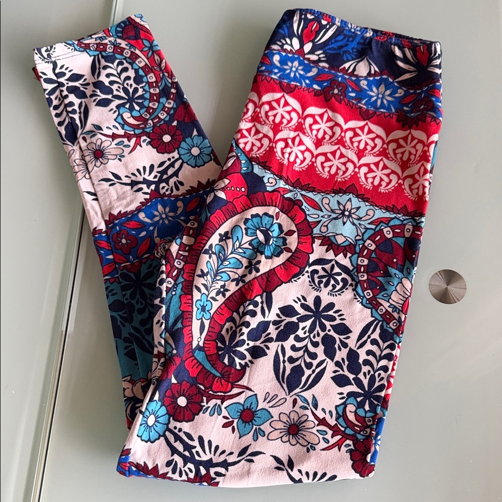 LuLaRoe os Red and Blue Floral Leggings